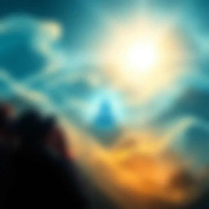 A serene landscape showing a glowing figure meditating, surrounded by flowing energy waves and soft light, symbolizing enlightenment and awareness.