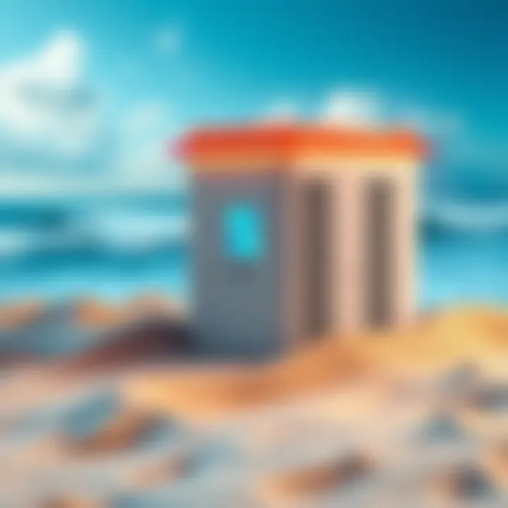 A custom energy conversion box placed near the ocean, surrounded by sand and waves, representing beachside living