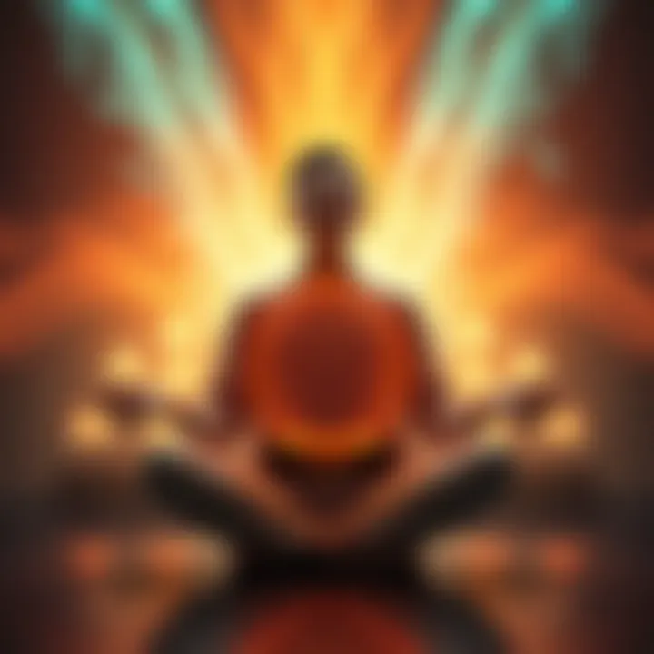 Energy Conversion Box Visualization A person meditating with an Energy Conversion Box, surrounded by glowing positive energy and calming colors, depicting release from fear and emotional control.