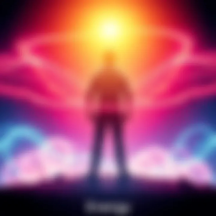 A bright illustration showing a person standing confidently, surrounded by vibrant energy lines representing personality and motivation in the first house.