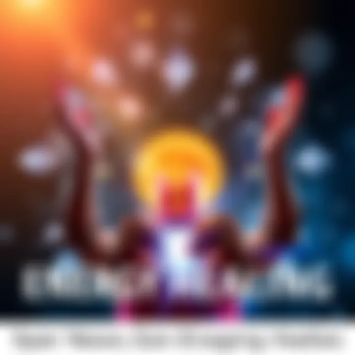 A person practicing energy healing with hands raised, surrounded by glowing light and crystals, symbolizing wellness and spiritual empowerment.