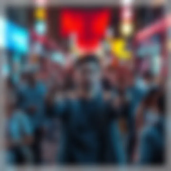 A person surrounded by people in a busy street, using hand gestures to influence the energy around them during a social event.