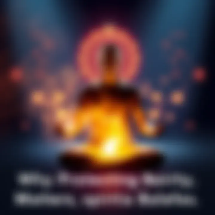 A person sitting cross-legged in a serene environment, surrounded by a glowing aura, symbolizing energy protection and spiritual balance.