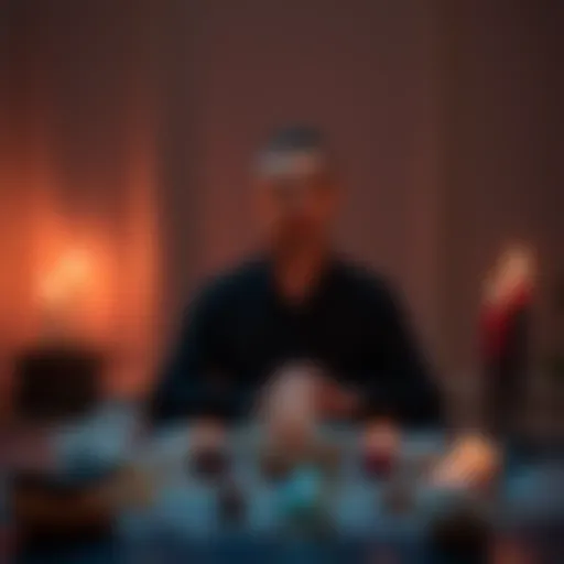 A person sitting at a table with crystals and candles, preparing for an energy reading session, surrounded by soft lighting.