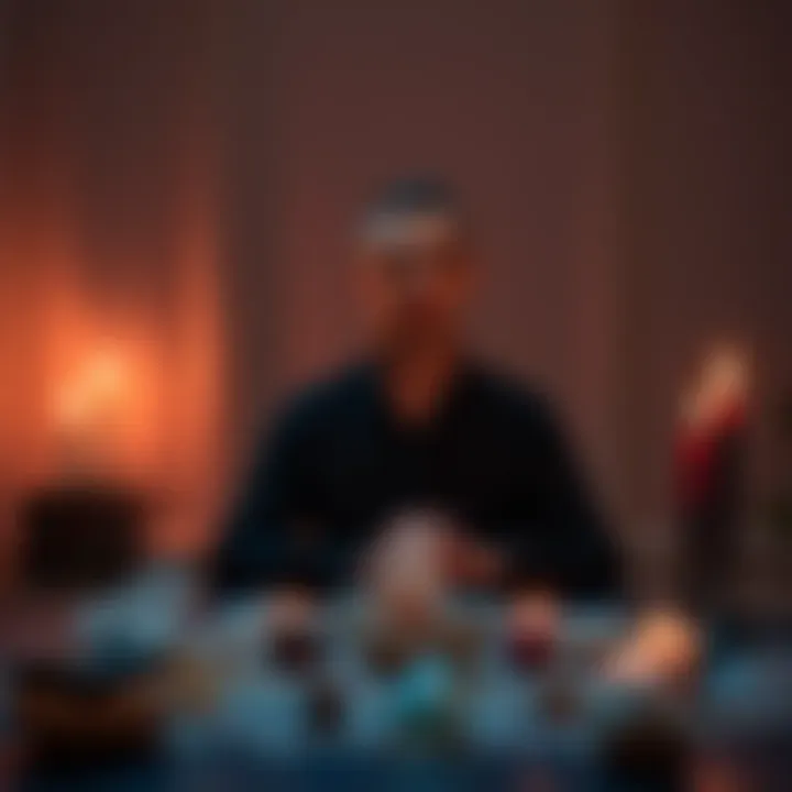 A person sitting at a table with crystals and candles, preparing for an energy reading session, surrounded by soft lighting.