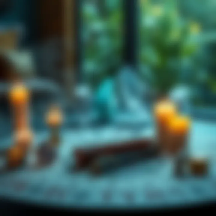 A pair of energy sticks placed on a table, surrounded by candles and crystals, symbolizing spiritual inquiries without tarot cards.
