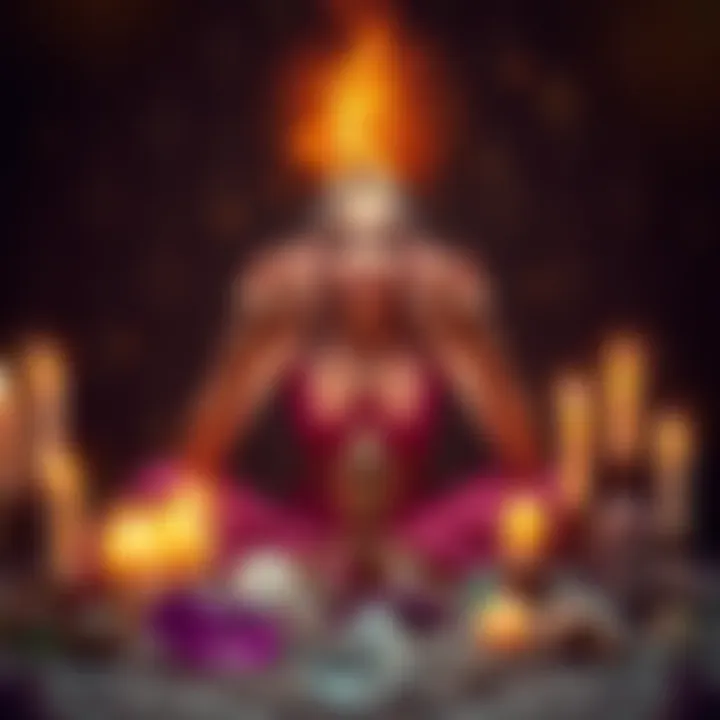 A person practicing energy work surrounded by crystals and candles, with a glowing aura, symbolizing the blend of witchcraft and energy practices.