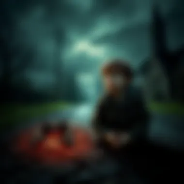 A young boy looking scared in the dark with a mysterious creature's claw marks on the ground nearby, set in a small town's eerie background.
