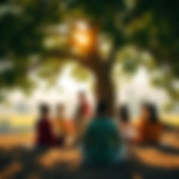 A group of people participating in a meditation session under a tree, symbolizing the Engaged Buddha movement's focus on social change and cultural practices in Vietnam.