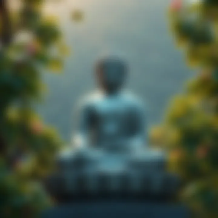 A serene statue of the Engaged Buddha surrounded by greenery, symbolizing peace and social change in a community setting.