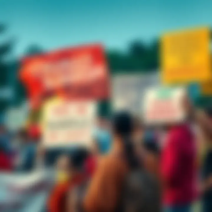 A group of people participating in a peaceful protest for social justice, holding signs that reflect Buddhist teachings and community support.