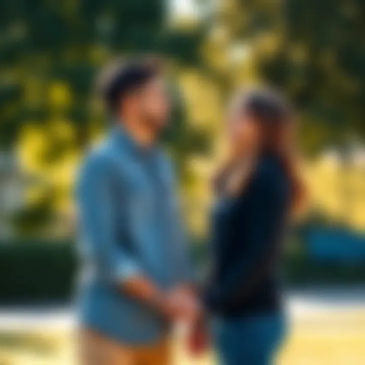 A happy couple holding hands and looking at each other with love, wearing matching rings in a sunny park setting.