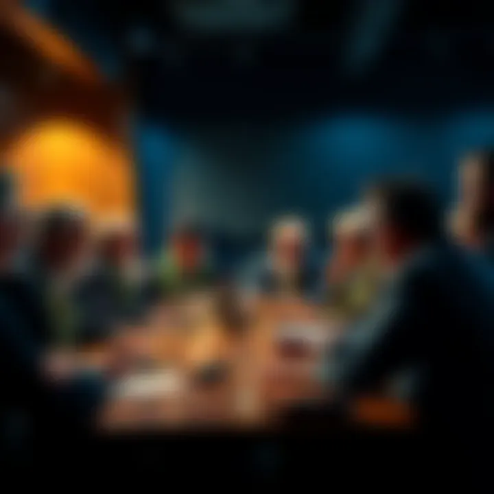 A group of lodge members actively discussing and sharing ideas in a meeting, showing engagement and participation.