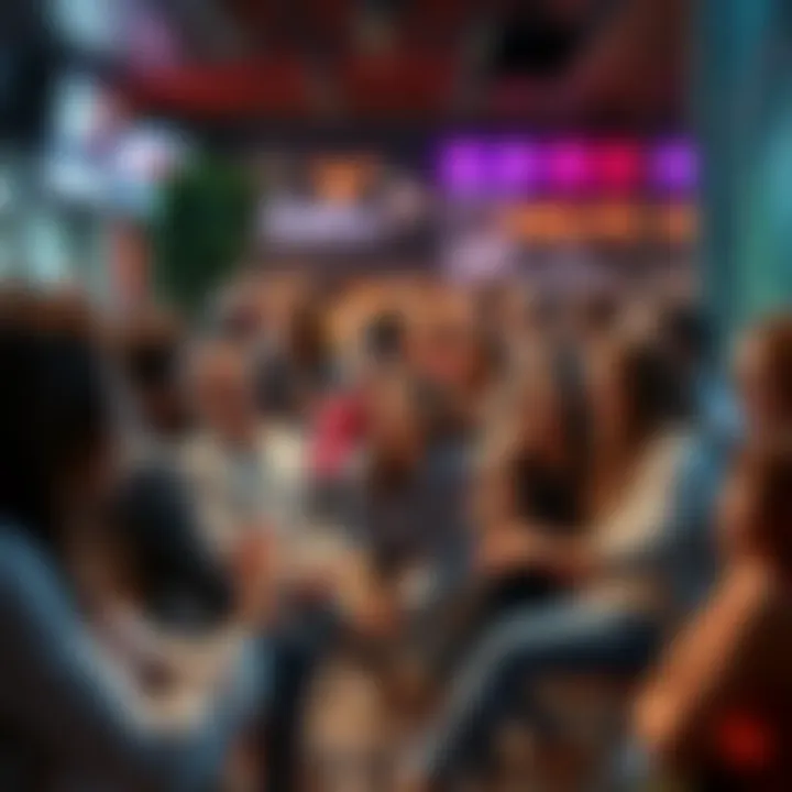 People enjoying diverse content and discussing various topics in a lively setting