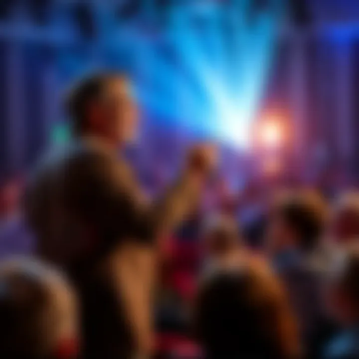 Engaging Public Speaker A confident speaker on stage connecting with an enthusiastic audience, emphasizing communication and influence.
