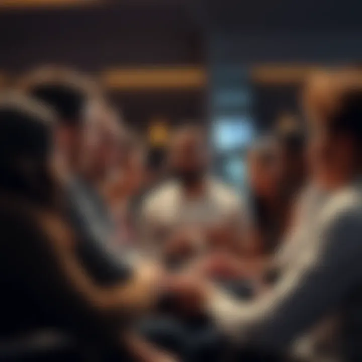 A diverse group of people discussing ideas and exchanging thoughts in a lively manner