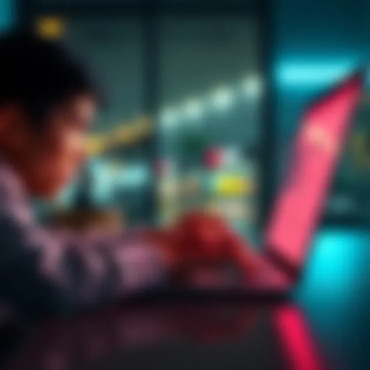 A person typing on a laptop, looking frustrated as their post receives no votes on the screen.