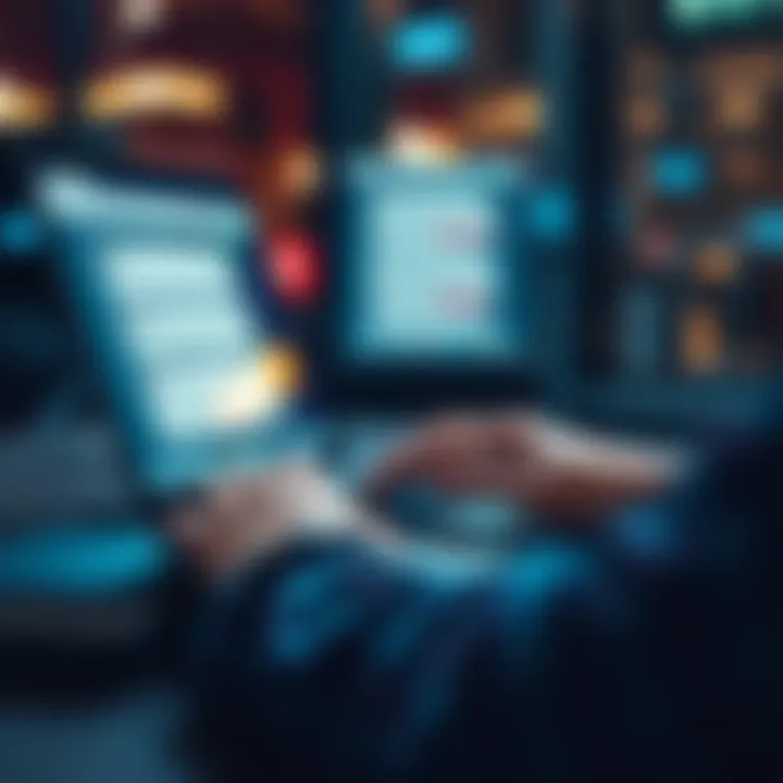 Engaging on Forums A person typing on a laptop, engaging with online community forums through interactive posts, with a chat window displayed.