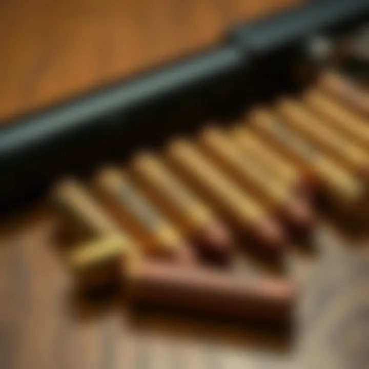 A close-up of engraved bullets featuring unusual phrases and designs, laid out on a wooden surface.