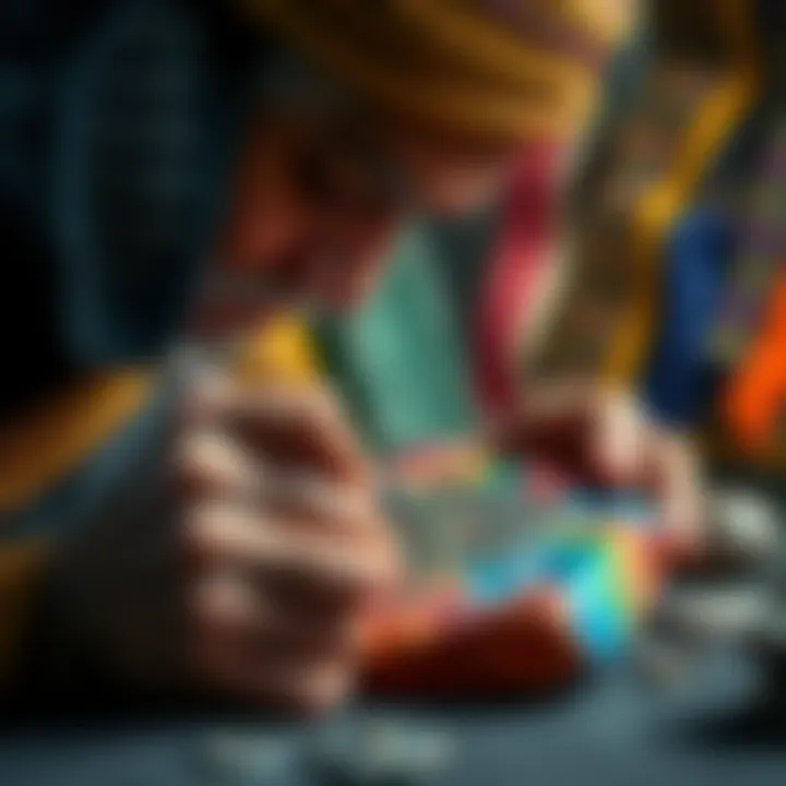 A craftsman engraving a talisman design on a colorful dyed stone, showcasing skill and creativity in the process.