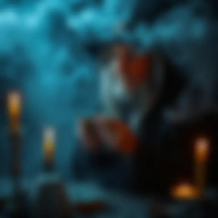 A mystical old woman with a tarot deck, surrounded by swirling fog and glowing candles, symbolizing the enigmatic presence felt during readings.