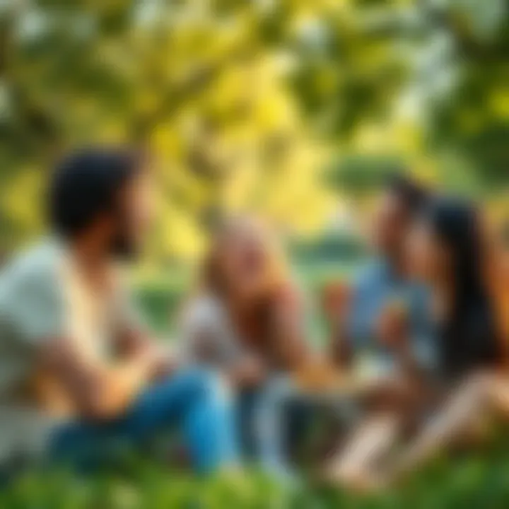 A group of friends laughing and sharing food in a park, enjoying each other's company and the beauty of nature.
