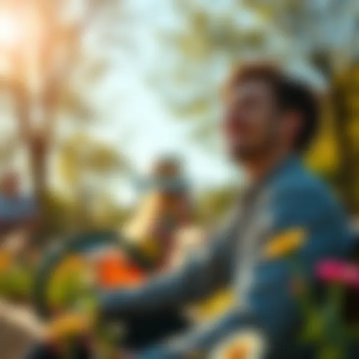 A person smiling while sitting in a park, enjoying a sunny day with flowers around
