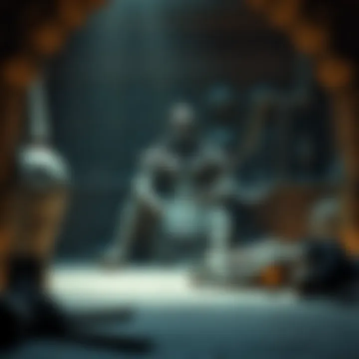 Enkidu resting beside King Gilgamesh in a large, ornate ancient tomb with intricate carvings and artifacts around them