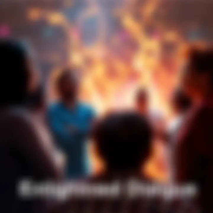 A diverse group of people engaging in a vibrant discussion, representing various perspectives and ideas, with abstract light symbolizing enlightenment around them.