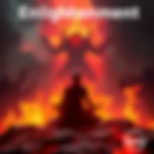 A figure meditating in a fiery landscape, surrounded by dark spirits, symbolizing the search for inner peace amid suffering.