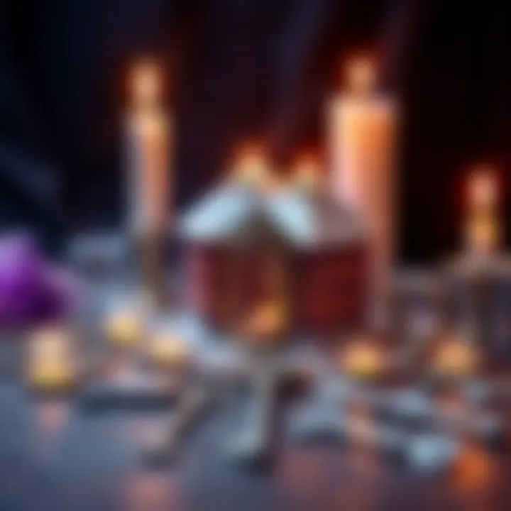 A collection of Enochian Keys displayed with candles and crystals for ritual use