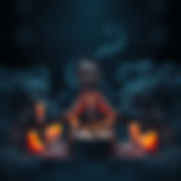 A person performing a ritual with candles and crystals, surrounded by a dark atmosphere, symbolizing the entrance to the spirit realm.