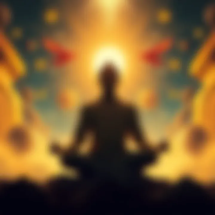 A person meditating under a bright light, surrounded by symbols of desire and achievement, representing the concept of the God State.