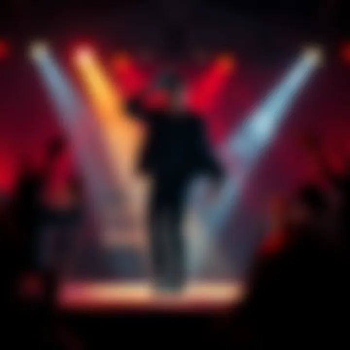 A performer with a dark aesthetic dancing on stage, surrounded by dramatic lighting and a cheering crowd.