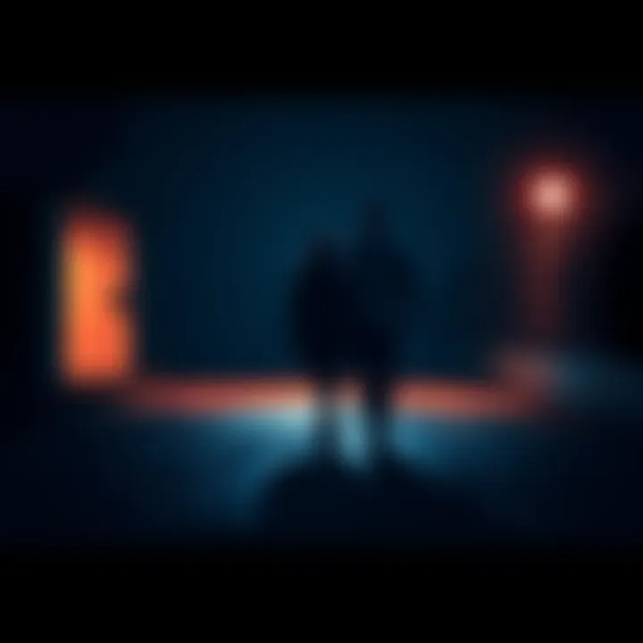 A friend walking down a driveway with a shadowy figure behind them, creating a sense of eeriness.