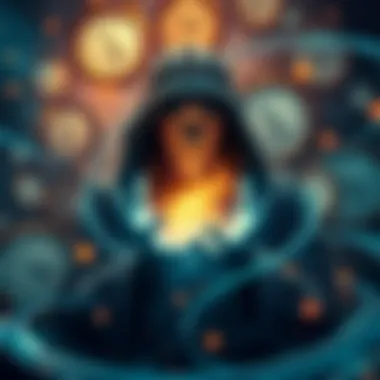 A mysterious figure representing an entity with a 400-year history, surrounded by clocks and swirling time symbols, illustrating the concept of time as a pre-written journey.