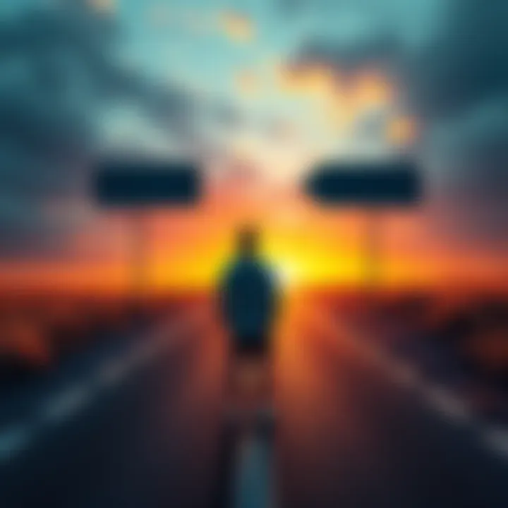 A person standing at a crossroads, contemplating different career paths with signs pointing to entrepreneurship and sustainability.