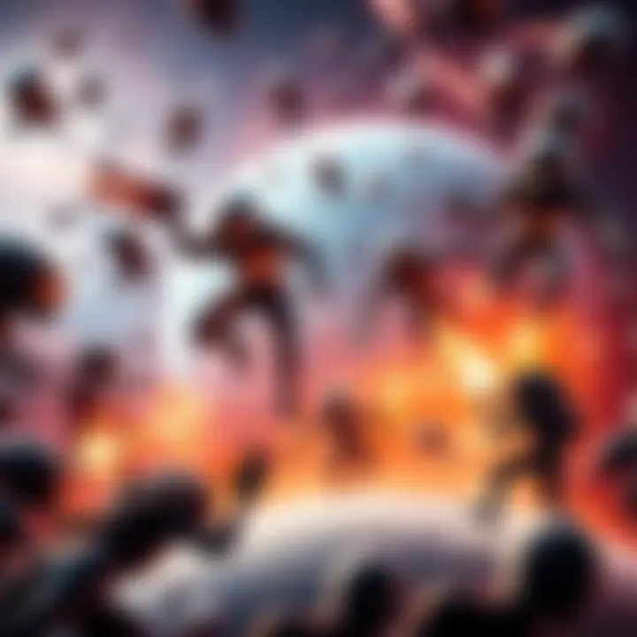 Epic Battle Against Aliens A scene of heroes and aliens clashing in a chaotic battle for Earth, with bright colors and intense action
