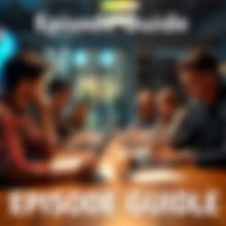 People discussing a detailed episode guide for a series with notes and laptops on a table