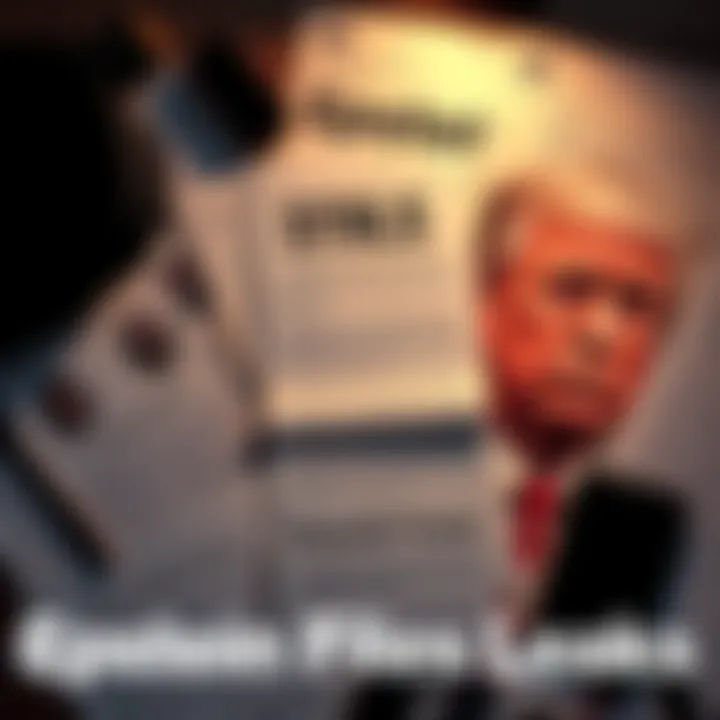 Epstein Files Leaks A collage of documents with names and allegations related to the Epstein case, including notable figures like Donald Trump, spread across a table.