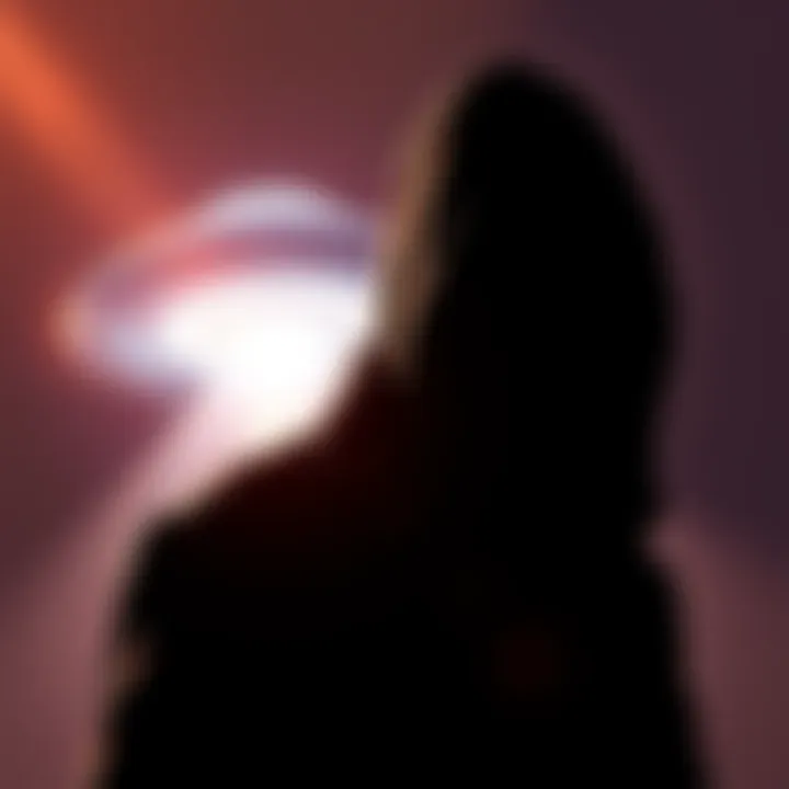 A shadowy figure of Jeffrey Epstein with a UFO in the background, symbolizing strange connections between elite power and extraterrestrial speculation.
