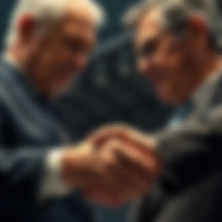 A close-up of two men shaking hands, one looking serious and the other confident, symbolizing a complex financial relationship.