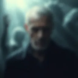 A darkened figure resembling Jeffrey Epstein, surrounded by shadows, with ghostly images suggesting shapeshifting in the background, representing the claims of malevolence and evil.