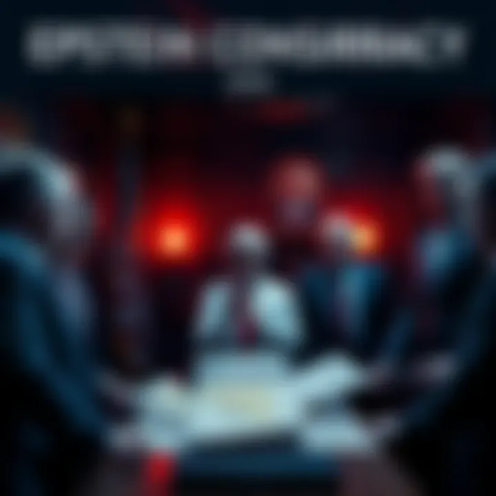A darkened room with political figures discussing a map and documents related to conspiracy theories about Epstein.
