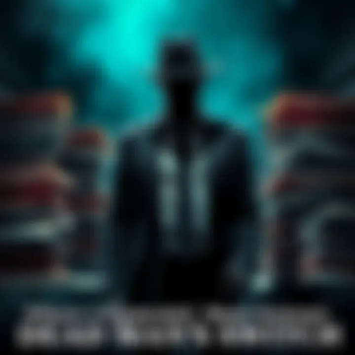 A shadowy figure in a suit appears surrounded by stacks of documents, symbolizing hidden evidence and secrets of powerful individuals.