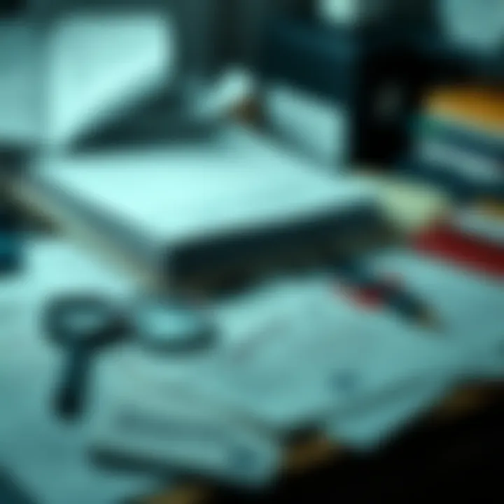 A collection of documents and files about Epstein on a desk, with a magnifying glass and notes scattered nearby.