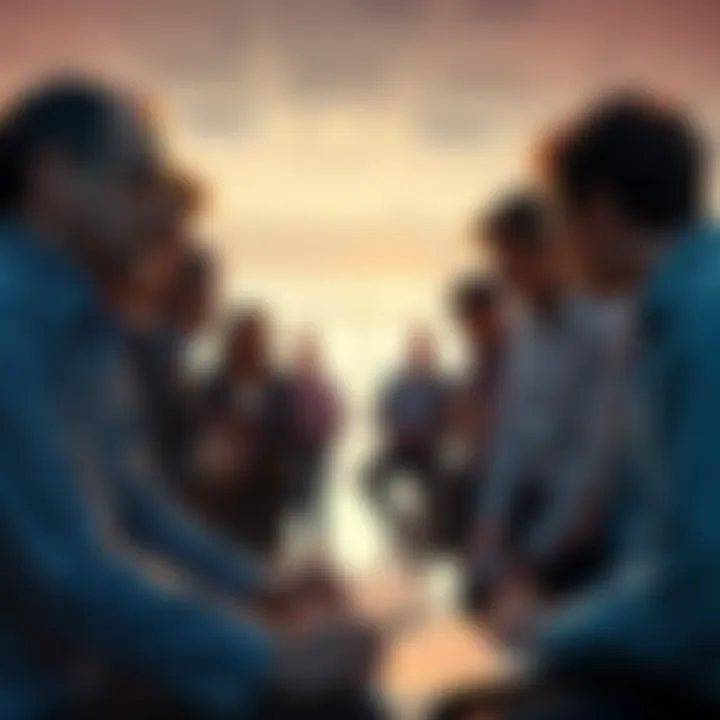 A group of people discussing documents related to Epstein, focusing on the implications of sex trafficking and conspiracies in a bright, open space.