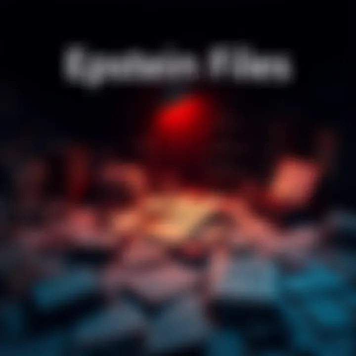 A darkened room filled with scattered documents and files related to the Epstein case, highlighting unsettling findings.