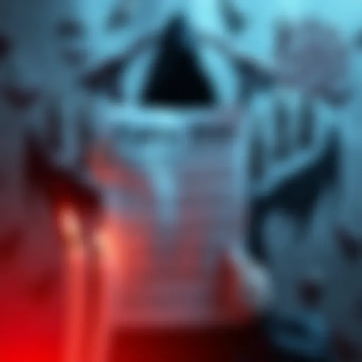 An illustration showing a document labeled Epstein files with a shadowy figure and occult symbols in the background.