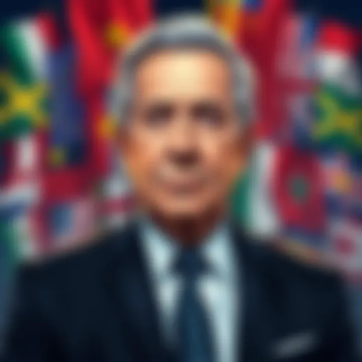 Illustration of Jeffrey Epstein surrounded by various country flags symbolizing foreign connections and espionage